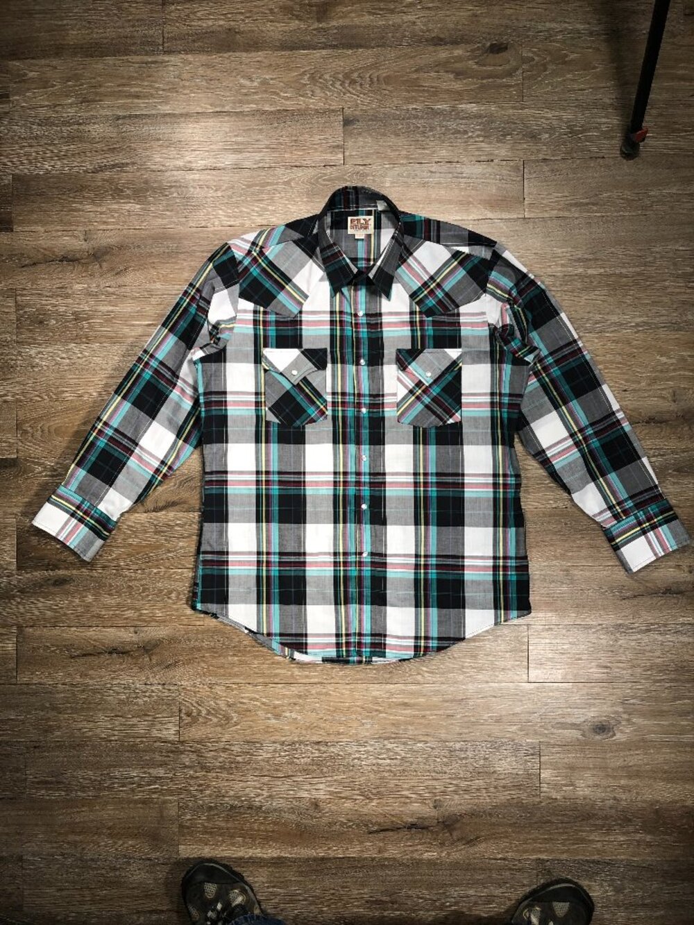 Ely Cattleman Shirt Mens 16 1/2 34 Western Plaid Pearl Snap Cowboy Black Vtg